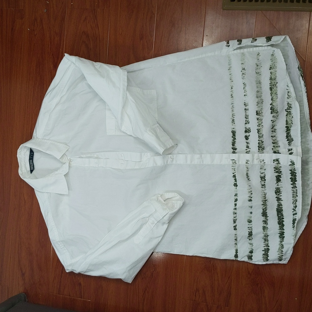 Zara White Button Down with Green Print Detail